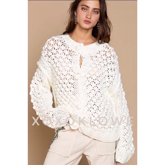 POL Ivory Crochet Pom Pom Cardigan Button Front Relaxed Fit